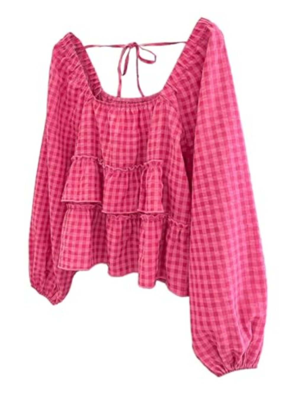 SHENHE Plaid Long Puff Sleeve Ruffle Peplum Tie Back Blouse